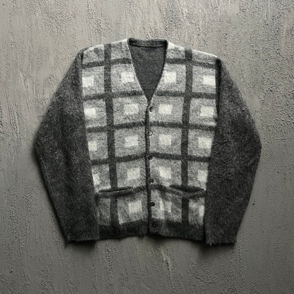 Vintage Mohair Cardigan Medium Grey 1960s Plaid Fuzzy